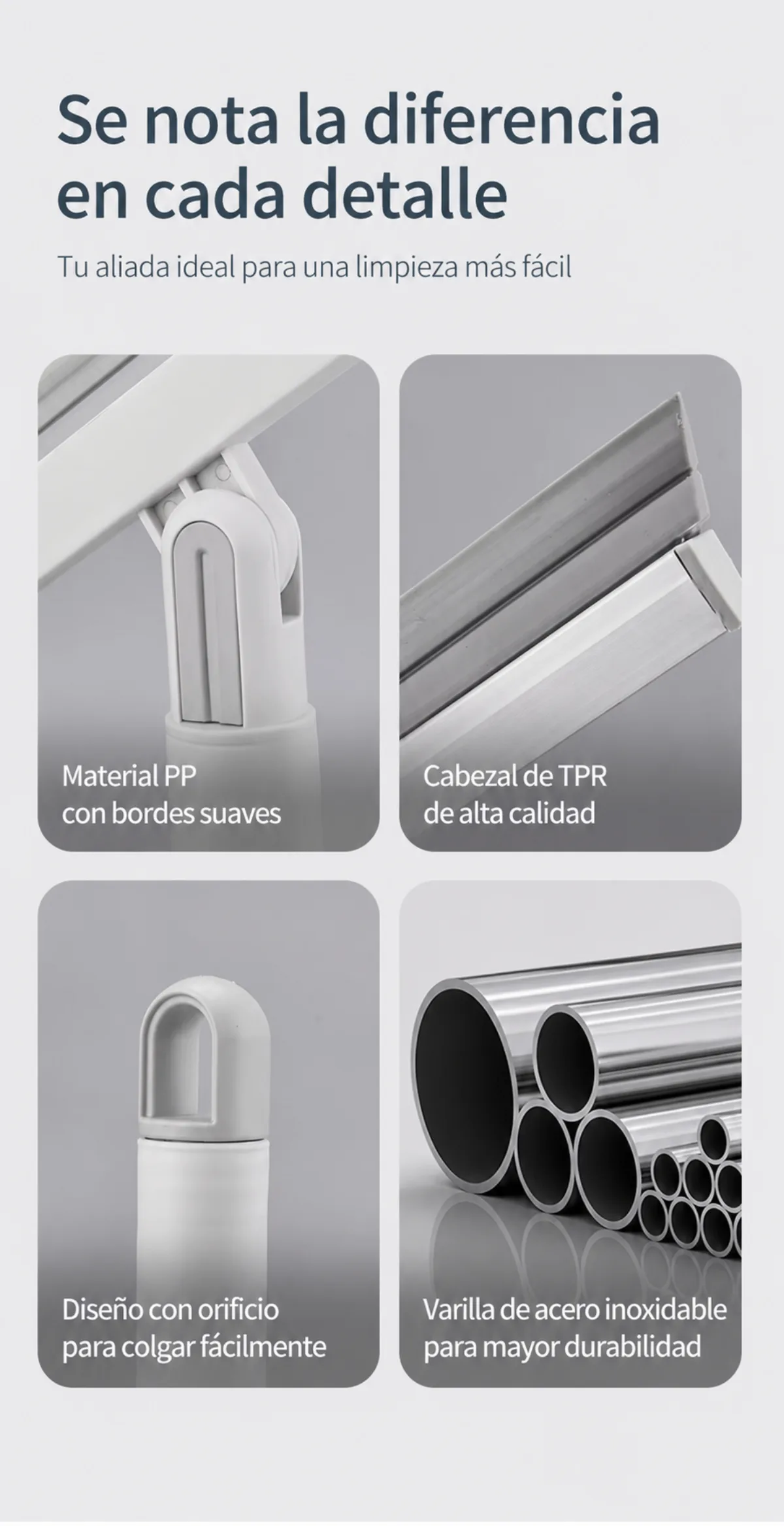 Detalle de materiales: PP, TPR y acero inoxidable